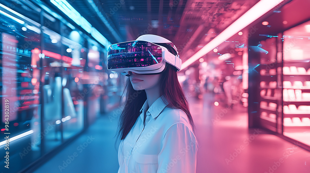 A woman wearing virtual reality headset stands in modern retail ...