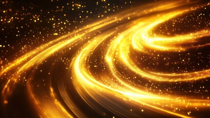 Wall Mural - Abstract golden light trails swirling on a black background with glowing particles.