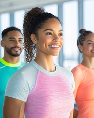 Group of Happy Friends Exercising Together Indoors in Bright, Colorful Sportswear