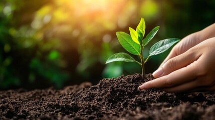 Earth Day: A small tree with green leaves represents sustainable growth in sunlight. Plant food enriches the soil, enhancing seedling development outdoors.