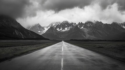 Solitude and tranquility embrace the winding tarmac, its muted surface mirroring the majesty of towering peaks that watch silently over it. 