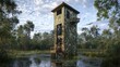 © farhan - A remote bird-watching tower with camouflage James Hardie siding, set in a dense wetland, designed to blend seamlessly into the environment for minimal wildlife disturbance