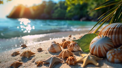 Wall Mural - Beach scene with seashells and starfish on the sand