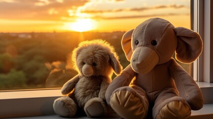 A plush lion and elephant stuffed animals sitting side by side on a window seat, gazing out at a serene sunset with soft, warm colors filling the sky.