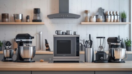 A modern kitchen countertop with various appliances, including a stand mixer, blender, and microwave.