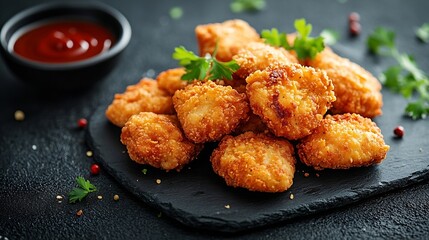 Delicious fresh crispy chicken nuggets on a dark concrete background Unhealthy food fast food : Generative AI