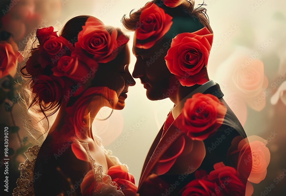 Romantic couple in silhouette with red roses around them, symbolizing ...