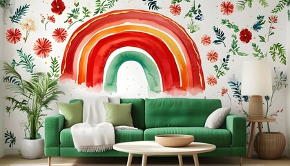 Wall Mural - Vibrant Rainbow Watercolor Pattern with White Background and Red Chevron Accents for Peaceful Fabric Decoration