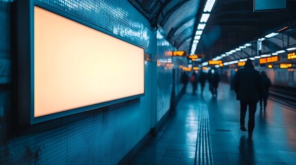 Poster - Blank Billboard Banner Light box in Subway station with blurred people Travel : Generative AI