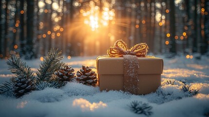 Wall Mural - Christmas Gift Box, Fir Branches And Pine cones, On Snow With Christmas Lights