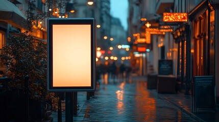 Poster - Blank mock up of vertical street poster billboard on city background Electronic modern empty scoreboard on the background of a city street in the evening copy space : Generative AI