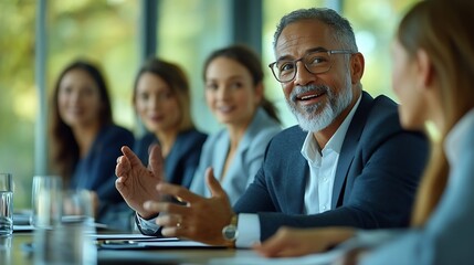 Diverse business people having a team meeting in an office Group of happy business professionals sitting around a table and having a discussion : Generative AI