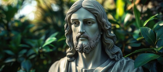 Wall Mural - A portrait statue of Jesus in front of a background of green leaves.