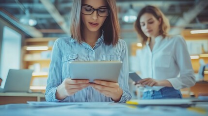 Leinwandbilder - Design project management and tablet with team of business people in creative workplace together Collaboration planning or technology with man and woman designer group in office for di : Generative AI
