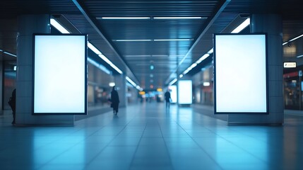 Poster - Indoor outdoor city light mall shop template Blank billboard mock up in a subway station underground interior Urban light box inside advertisement metro airport vertical : Generative AI