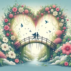 A whimsical bridge made of flowers and vines, leading to a giant heart, with a couple joyfully walking across, blossoming path of love, flyinf birds, Valentine's day