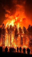 A raging wildfire consuming a forest, with firefighters battling the flames, representing the intensity and danger of extreme weather