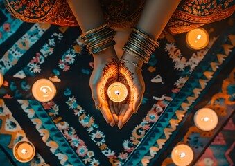 A woman's hands putting diya in rangoli, happy diwali