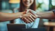© The Little Hut - Business people meeting and handshake by women in office with laptop for startup profit or loan success Partnership congratulations and mentor shaking hands with intern for training mi : Generative AI