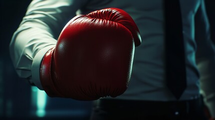 Wall Mural - Close-up of a person in a suit with red boxing gloves, set against a vibrant light background. Represents strength, power, and business competition.