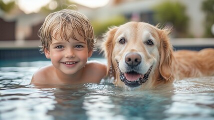 A young boy and his golden retriever play in the pool