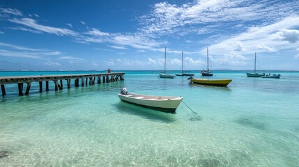 A serene coastal scene featuring crystal-clear waters, a nearby pier, and various boats gently swaying with the tide.