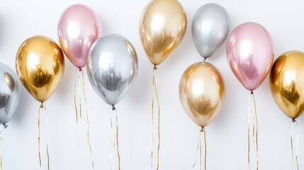 A set of metallic gold, silver, and pink balloons, shining against a white backdrop, adding a touch of luxury and elegance to any event