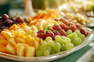 Wall Mural - Fresh Fruit Platter with Grapes Pineapple Mango and Strawberries