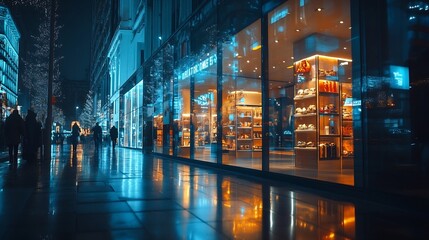 Poster - Blank mock up of store street showcase window in a city at night : Generative AI