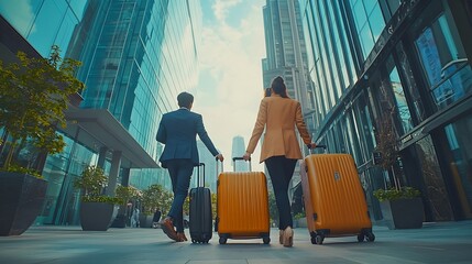 Canvas Print - Business people team walking and travel with suitcase in city for corporate job opportunity and networking Professional woman and men talking at outdoor hotel or on the way to airport  : Generative AI