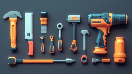 3D rendered cartoon icons for tools: planer, saw, pliers, screwdriver, vise, drill, hammer, and adjustable wrench, colorful, professional style