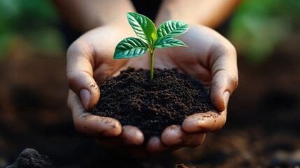 A close-up of hands gently holding rich soil with a small green seedling, symbolizing growth, nurturing, and the beginning of life in a natural environment