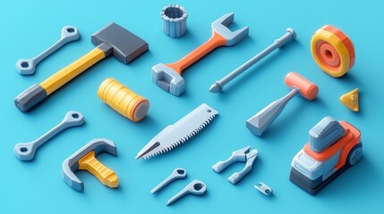 3D rendered cartoon icons for tools: planer, saw, pliers, screwdriver, vise, drill, hammer, and adjustable wrench, colorful, professional style