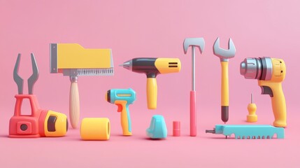 3D rendered cartoon icons for tools: planer, saw, pliers, screwdriver, vise, drill, hammer, and adjustable wrench, colorful, professional style