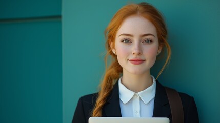 Wall Mural - A woman with red hair is wearing a business suit and holding a laptop. She has a friendly and professional demeanor