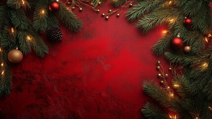 A red background with green leaves and red ornaments. The red background is the main focus of the image