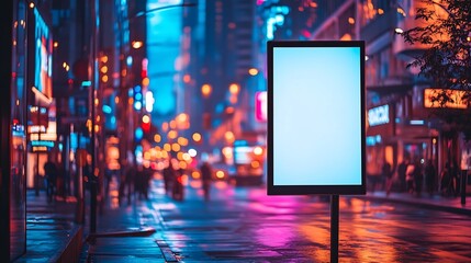 Poster - Blank mock up of vertical street poster billboard on city background Electronic modern empty scoreboard on the background of a city street in the evening copy space : Generative AI