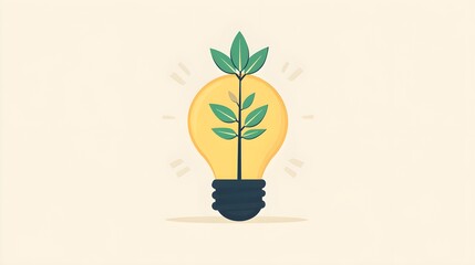 A flat design illustration of a light bulb with a green tree sprouting from the top, set against a simple, clean background, symbolizing the growth of ideas and development 