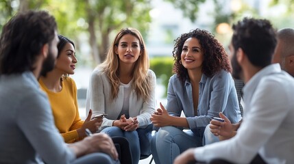 Aufkleber - Multiethnic group of business people sitting in circle and brainstorming ideas : Generative AI