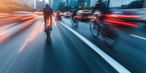 Motion blur of cyclists racing along a busy urban highway