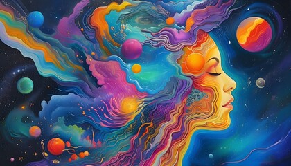 Wall Mural - Cosmic Elegance: A Womans Silhouette Embodying Imagination and Creativity through Vibrant Universe Elements