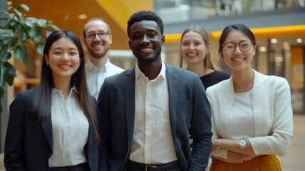 Aufkleber - Multicultural group of business people in a modern office standing together and smiling at the camera They represent a successful startup company with a friendly and creative work envi : Generative AI