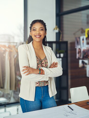 Poster - Fashion design, office and portrait of woman with arms crossed for clothes, draft and production plan. Creative, self employed and person with sketch for manufacturing, startup and tailor in Kenya