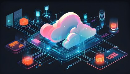 Wall Mural - Futuristic cloud technology illustration highlighting digital connections and showcasing innovative data storage and connectivity concepts.