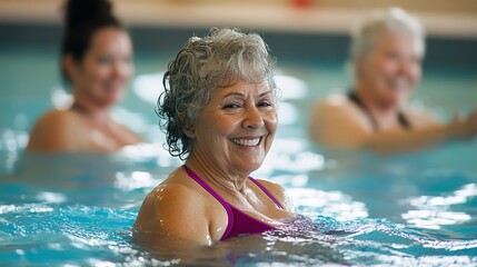 Canvas Print - Senior women enjoying an aquatic fitness class in a swimming pool  