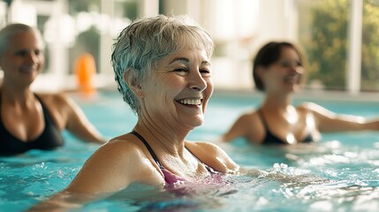 Sticker - Senior women enjoying an aquatic fitness class in a swimming pool  