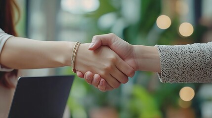 Leinwandbilder - Business people meeting and handshake by women in office with laptop for startup profit or loan success Partnership congratulations and mentor shaking hands with intern for training mi : Generative AI