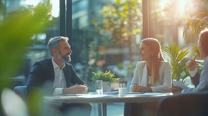 Aufkleber - Business people negotiating a contract discussing contract while working together in sunny modern office unknown businessman and woman with colleagues or lawyers at meeting : Generative AI