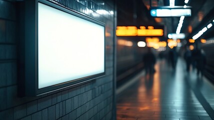 Poster - Blank Billboard Banner Light box in Subway station with blurred people Travel : Generative AI