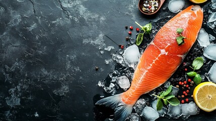 Salmon fish and ingredients on ice on a black stone table top view 